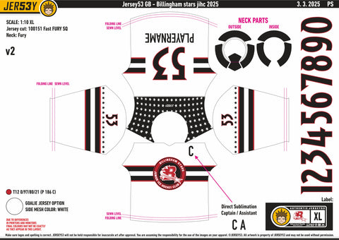 BILLINGHAM JUNIOR STARS WHITE GAME JERSEY- PLAYER NAME AT BOTTOM VERSION