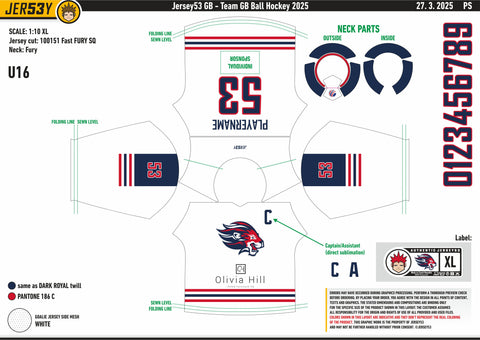 GB BALL HOCKEY U16 GOALIE GAME JERSEY 2025