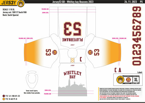 WHITLEY BAY U16 JUNIOR BEACONS GAME JERSEY